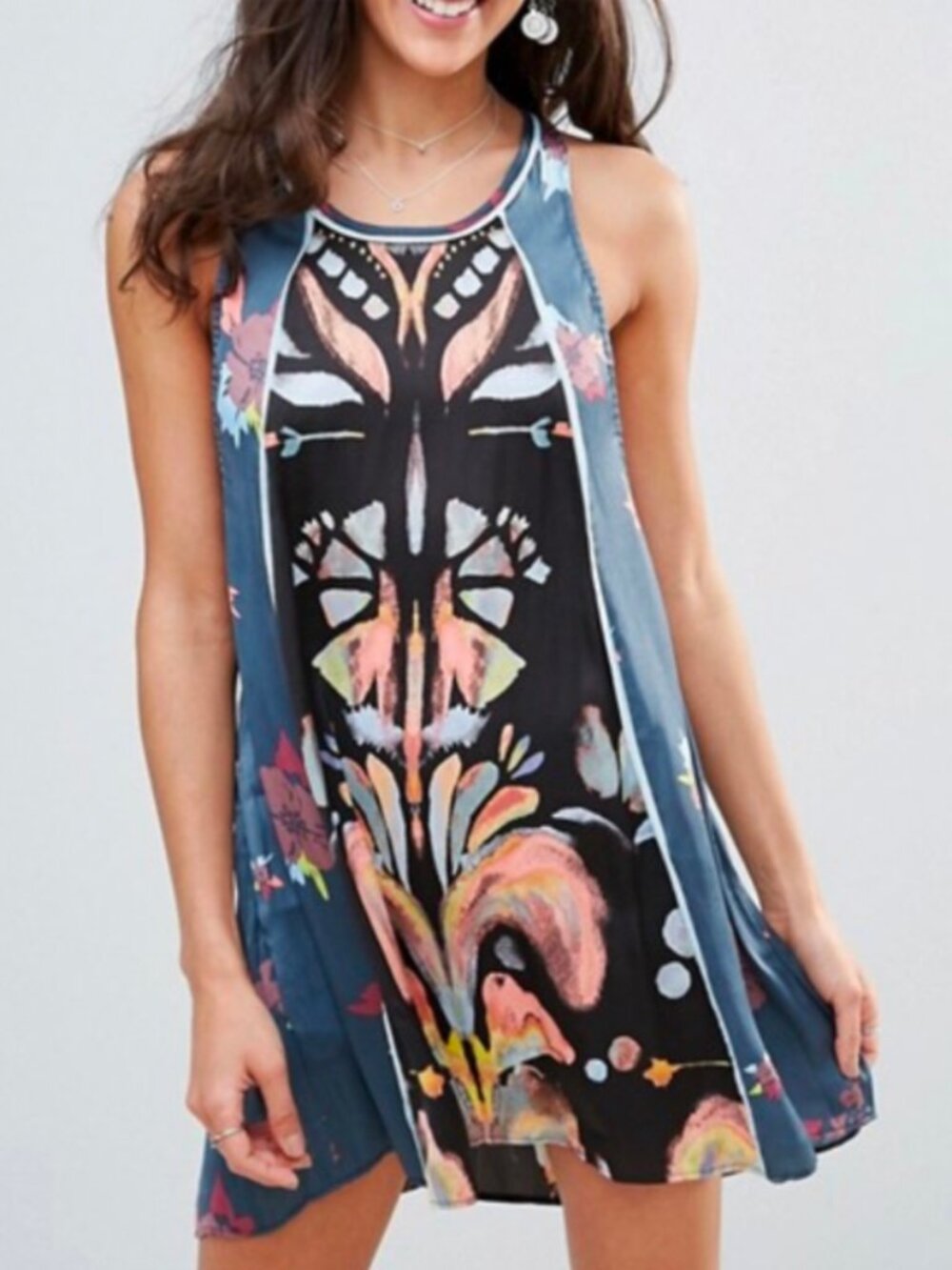 Free People "Dream Free" Blue Black Watercolor Print Tunic Dress